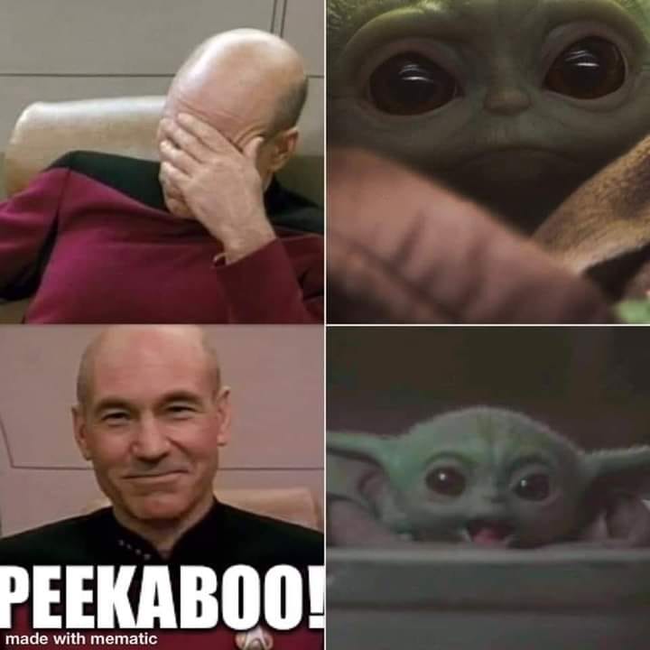 The meme is a humorous image featuring a character from the Star Wars franchise, specifically a certain beloved creature known for its adorable and expressive face. The image shows this creature with a surprised and delighted expression, as if it's just seen something amazing. The text "I see children playing with a droid that shoots the blasters too" appears below the image, referencing a scene from the Star Wars franchise.
